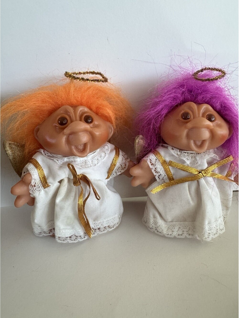 2 VTG 1986 DAM Norfin Lil’ Angel Troll Dolls 5” Wings Halos Orange Purple Hair
